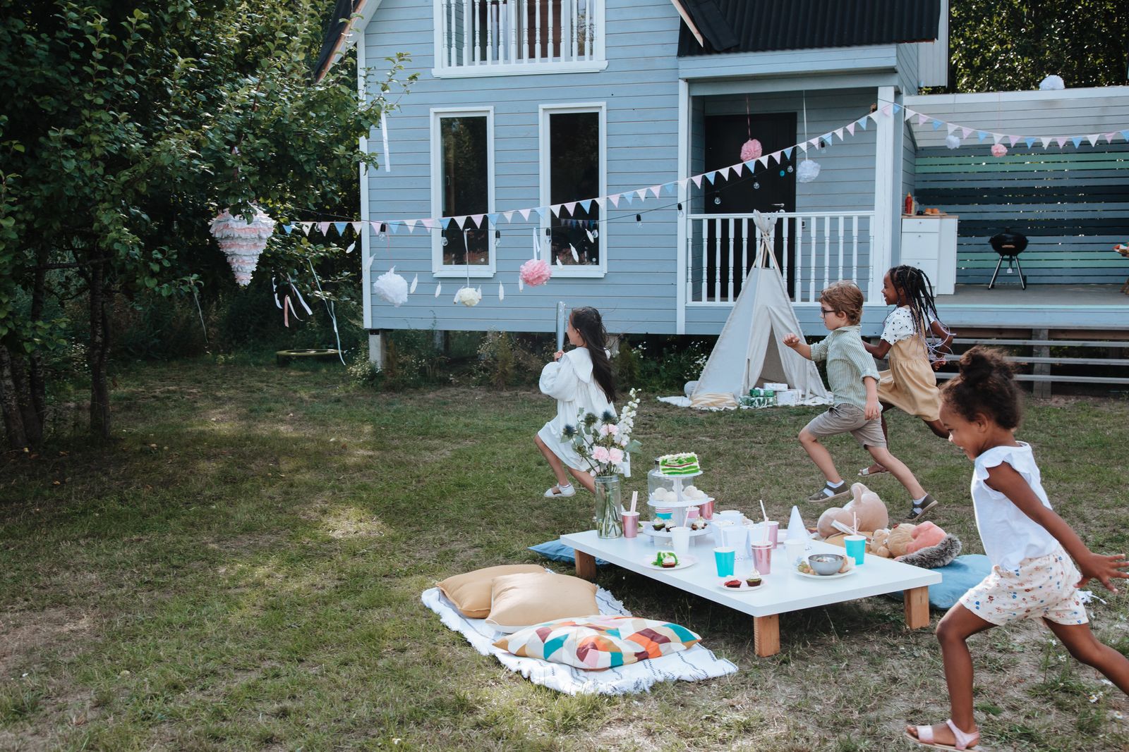 Garden party with picnic tables