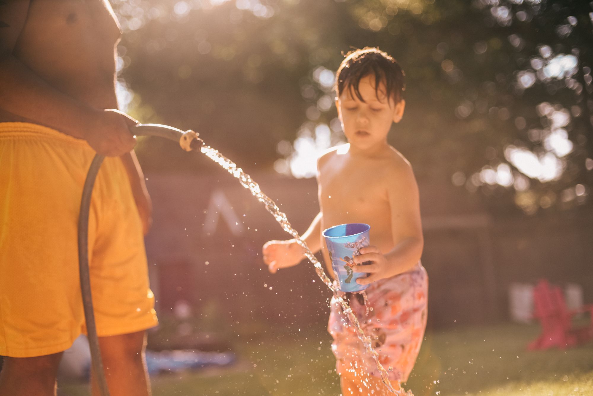 A child playing in a hose spray at golden hour