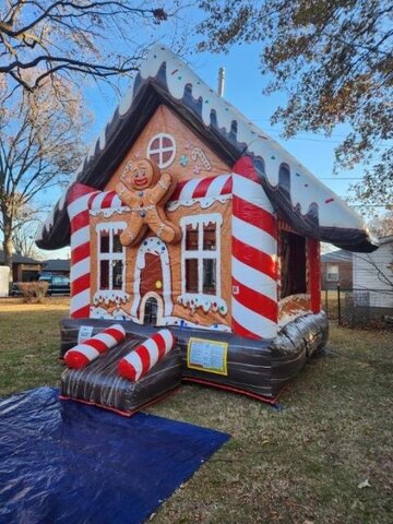 A gingerbread house bounce house
