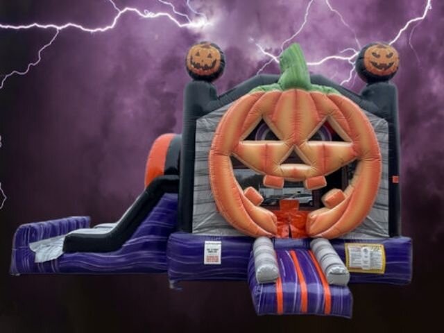 A pumpkin-faced bounce and slide combo