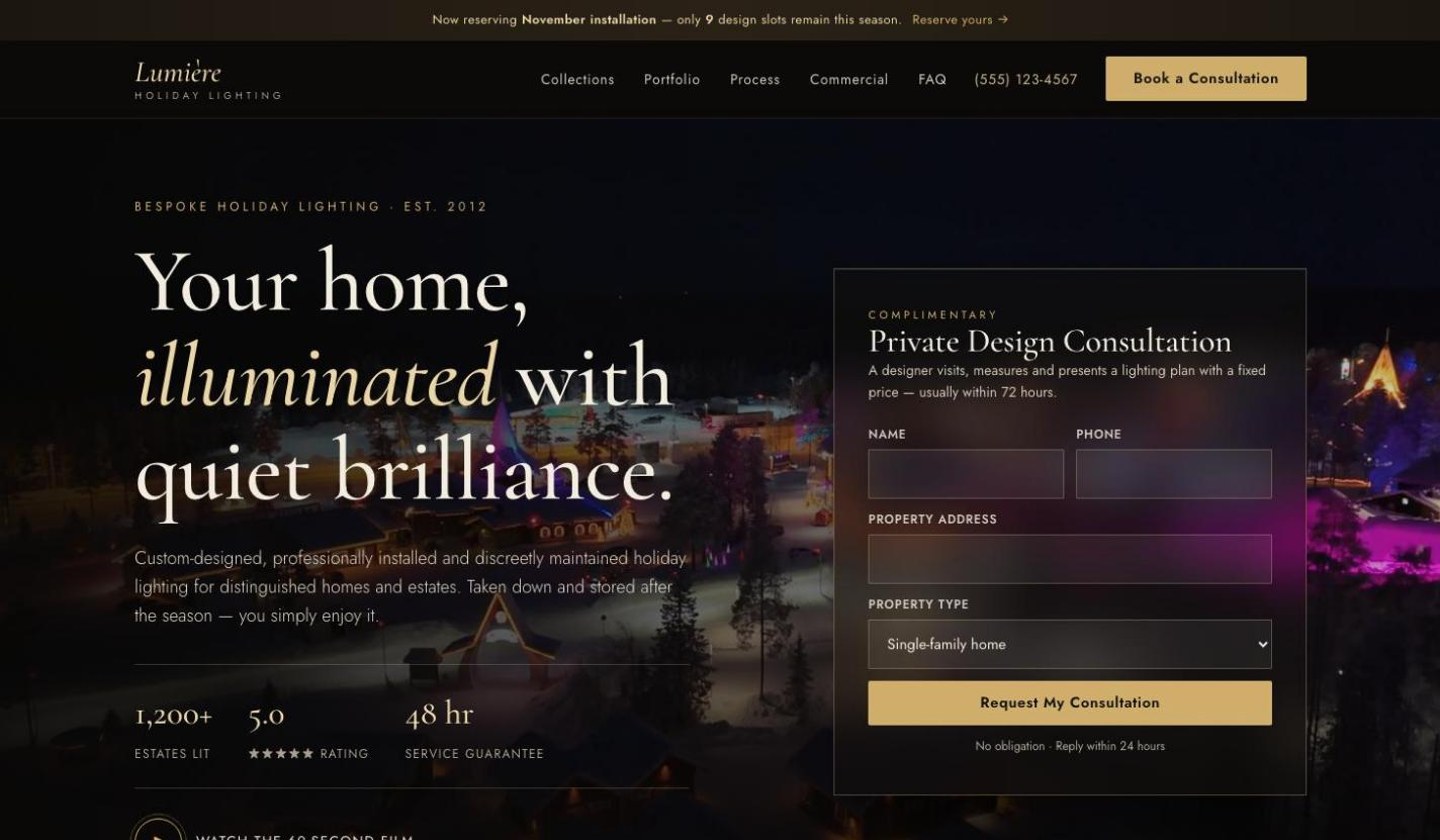 Lumière holiday lighting website design preview