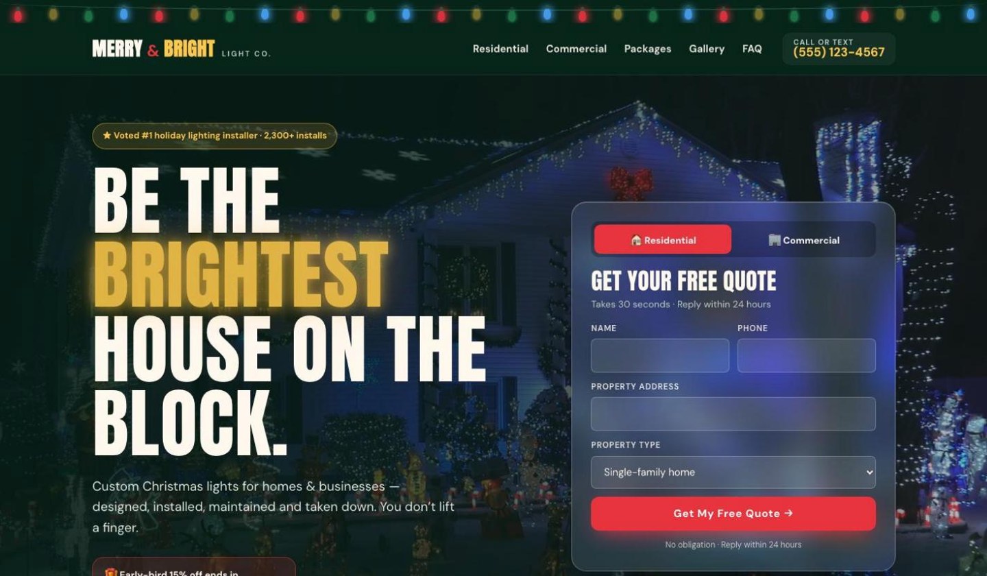 Merry & Bright holiday lighting website design preview