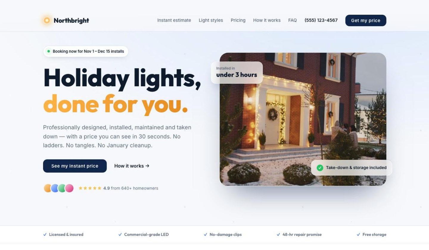 Northbright holiday lighting website design preview