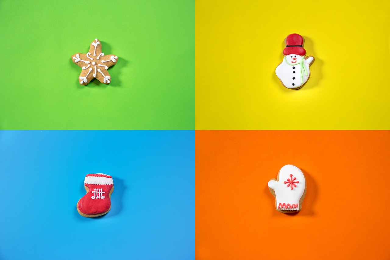 Christmas cookies on bright coloured squares