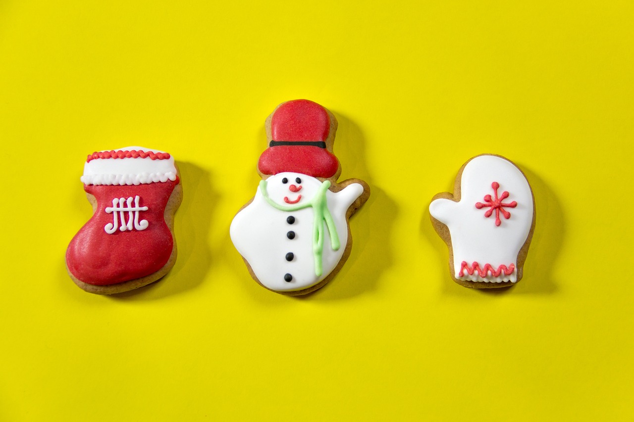 Snowman, mitten and stocking cookies on a yellow background