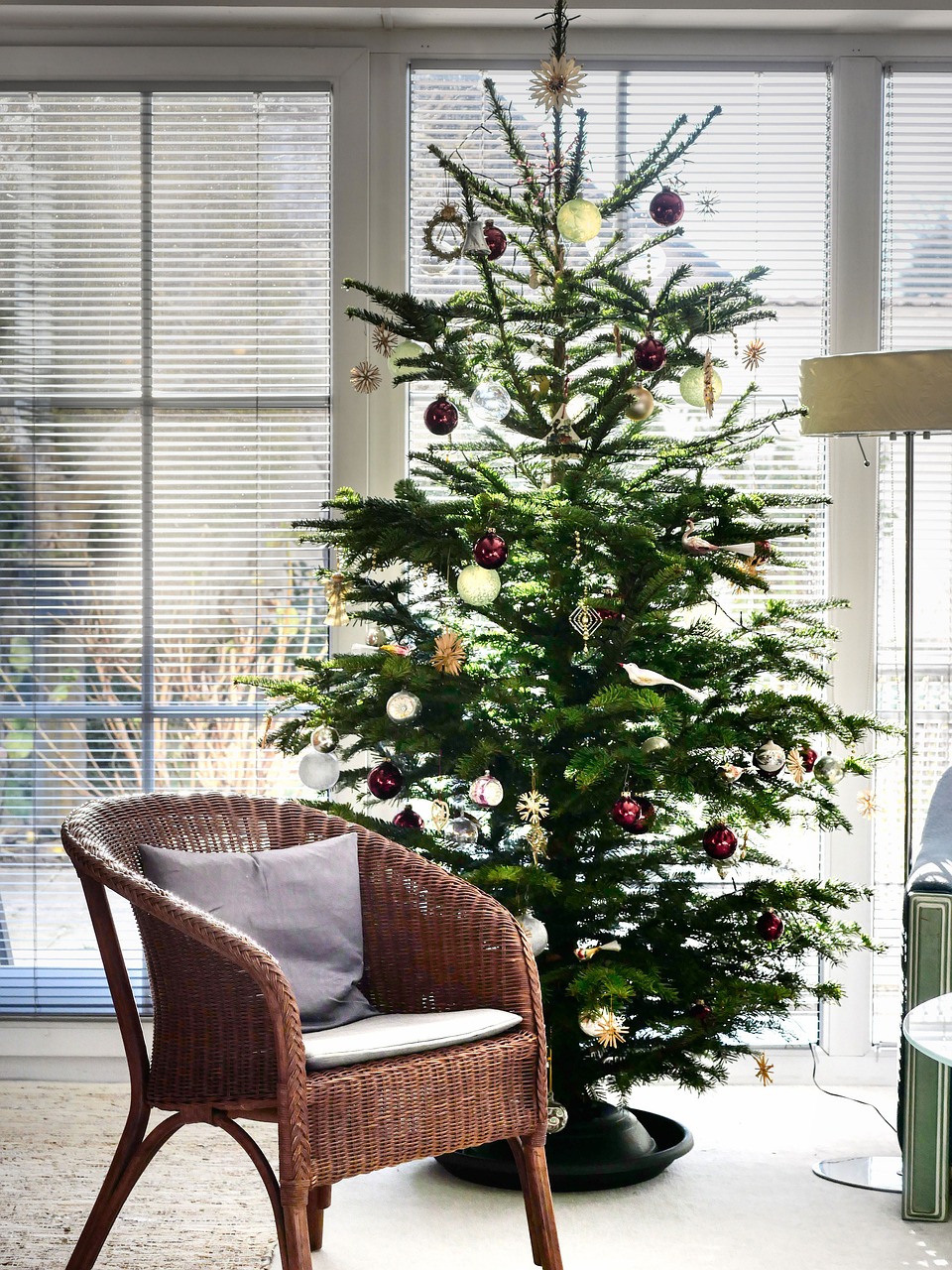 A decorated Christmas tree beside a bright window